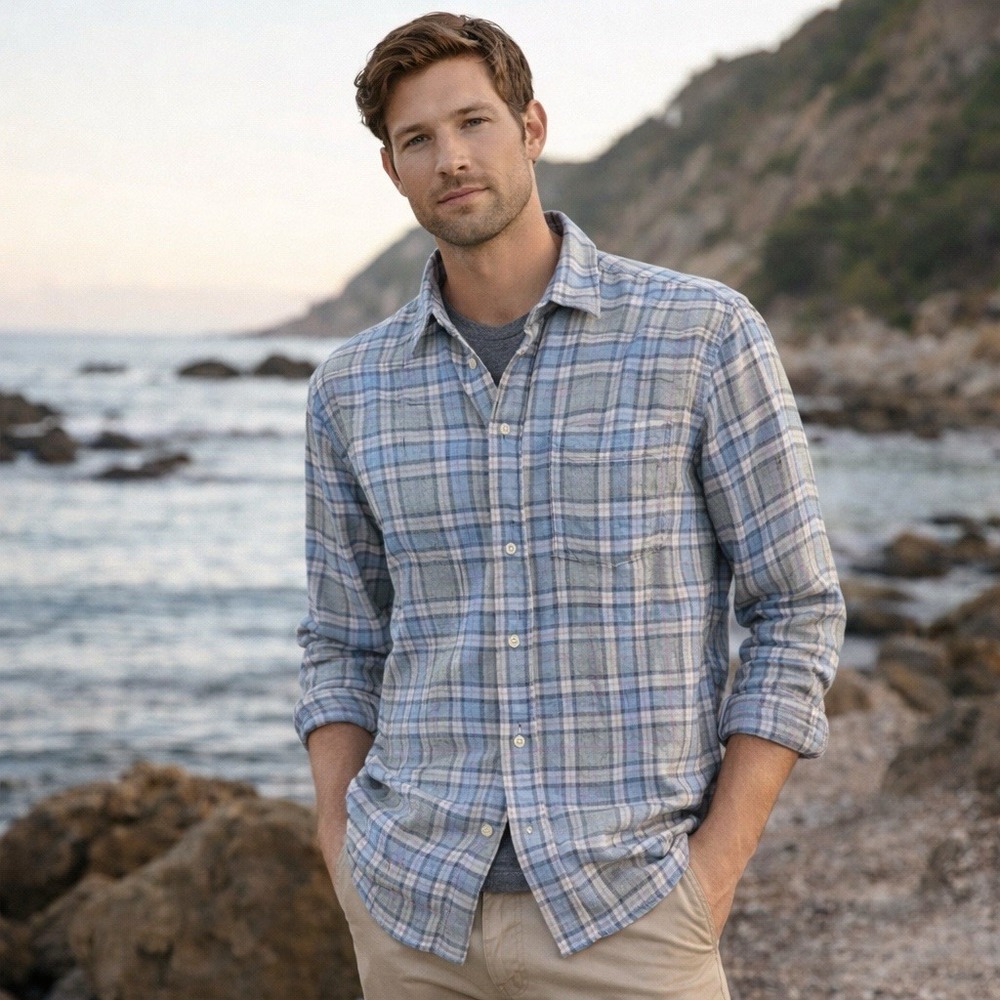 Faherty Reversible Belmar Plaid Button Up‎ Shirt Blue Gray Mens M Slim Fit $148